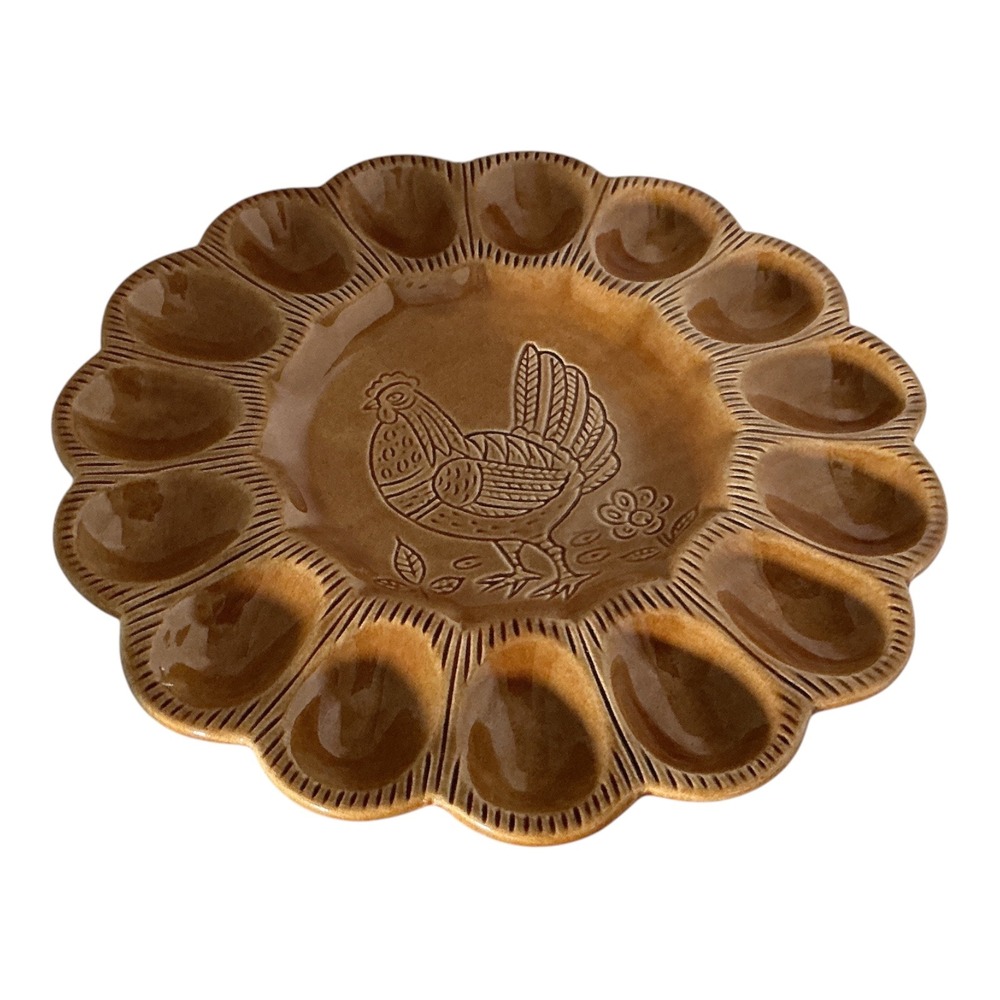 Calif USA S29 Deviled Egg Platter Brown Ceramic Chicken Hen 10.5" MCM Vintage